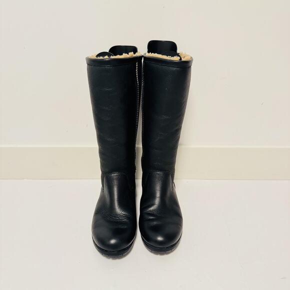 UGG Boots Womens 7 Black Leather Brooks Tall Shearling Lined Knee High Winter - Picture 3 of 10